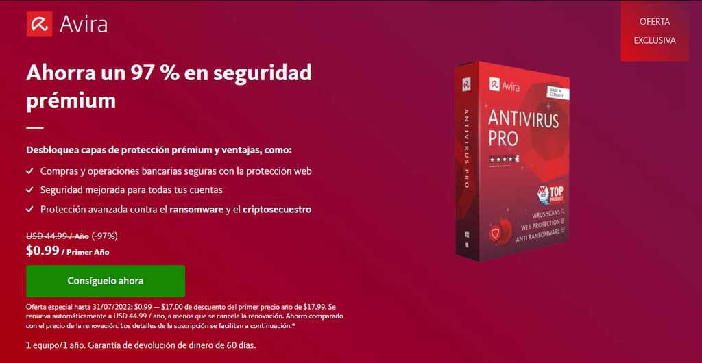 Ahorra un 97 % en Avira Antivirus Pro 
