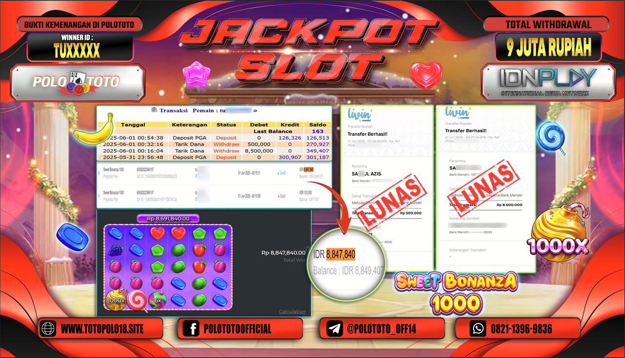 POLOTOTO JACKPOT SLOT SWEET BONANZA 1000 Rp.9.000.000,-