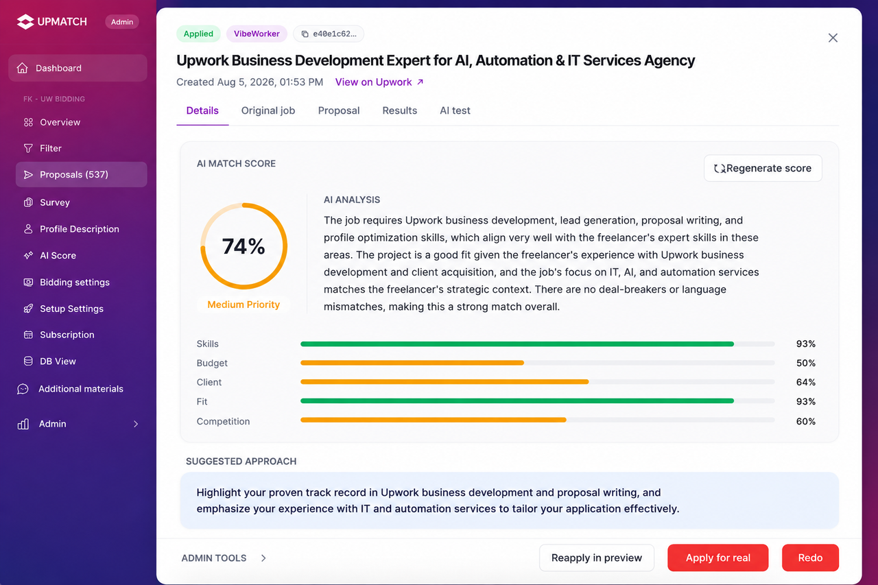 UpMatch's AI Match Score evaluates each opportunity against client-specific criteria, helping prioritize stronger-fit Upwork contracts.
