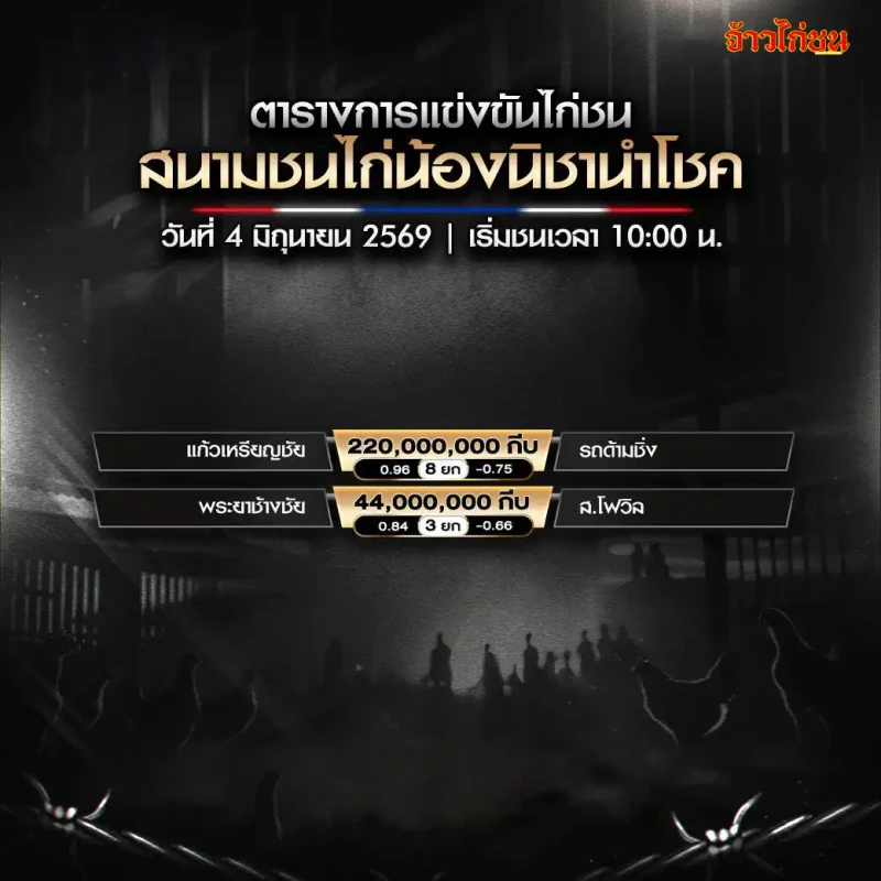 โปรแกรมไก่ชน สนามชนไก่น้องนิชานำโชค วันที่ 4 มิถุนายน 2569