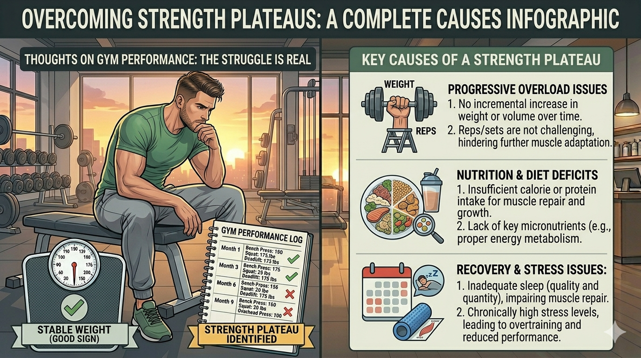 Strength plateau causes infographic showing progressive overload, nutrition, recovery issues for why strength not increasing