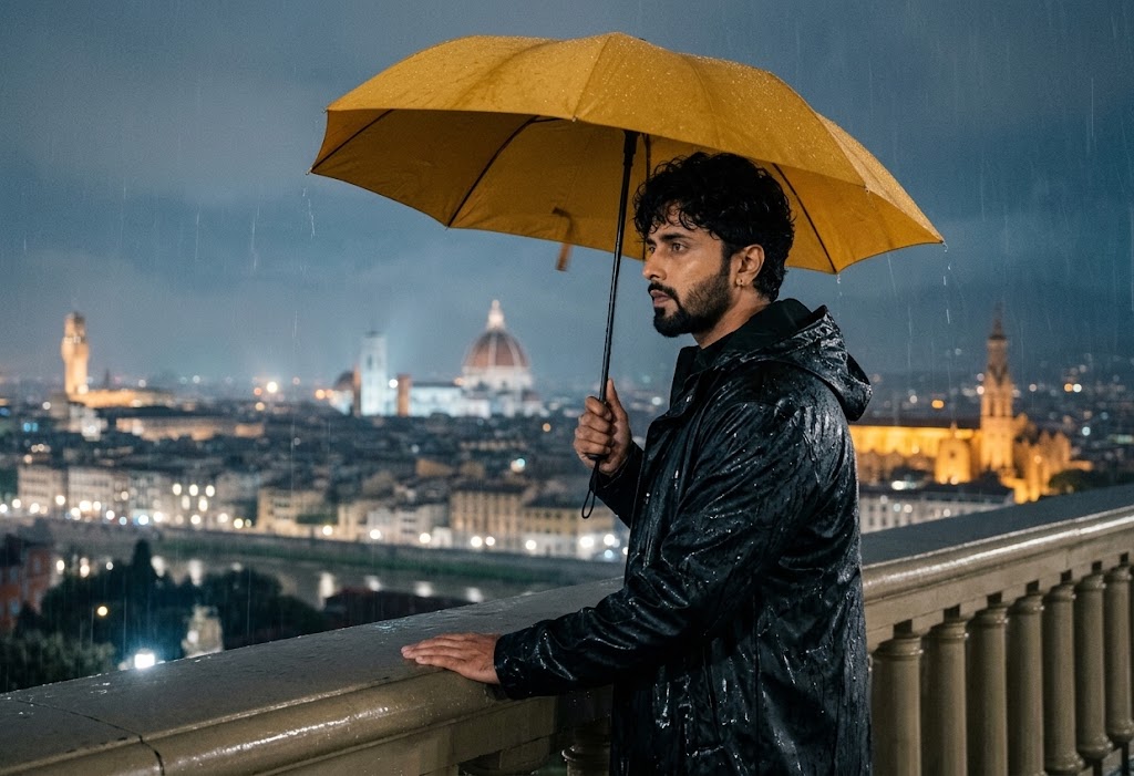 AI-generated example result for the creative-images prompt: Rooftop Overlook Rainy Night by Prompt Craft