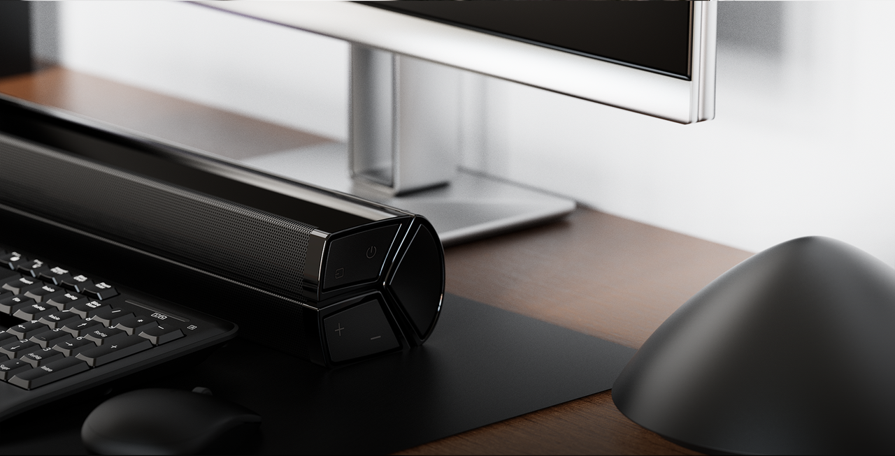 Barra de sonido Klip Xtreme KSB-050 en una sala de estar moderna.