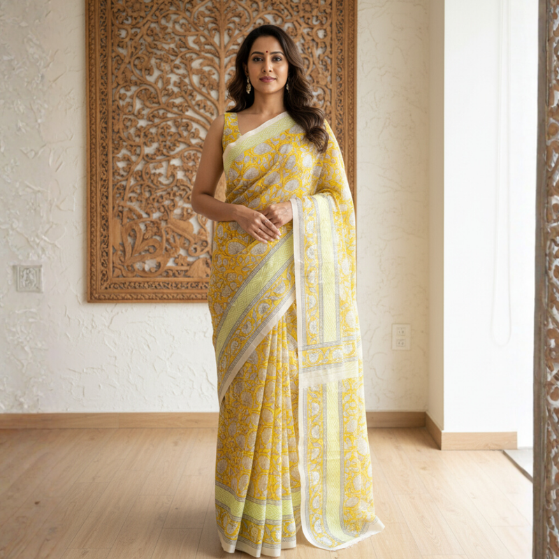 Handblock Printed Kota Doriya Saree | Sheer, Lightweight & Gracefully Textured Design - 8