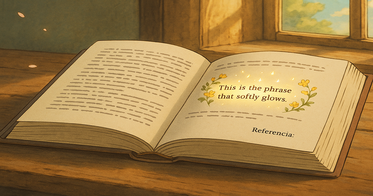 Citas y referencias en HTML. Ilustración de un libro abierto con una frase brillante y su referencia al pie.