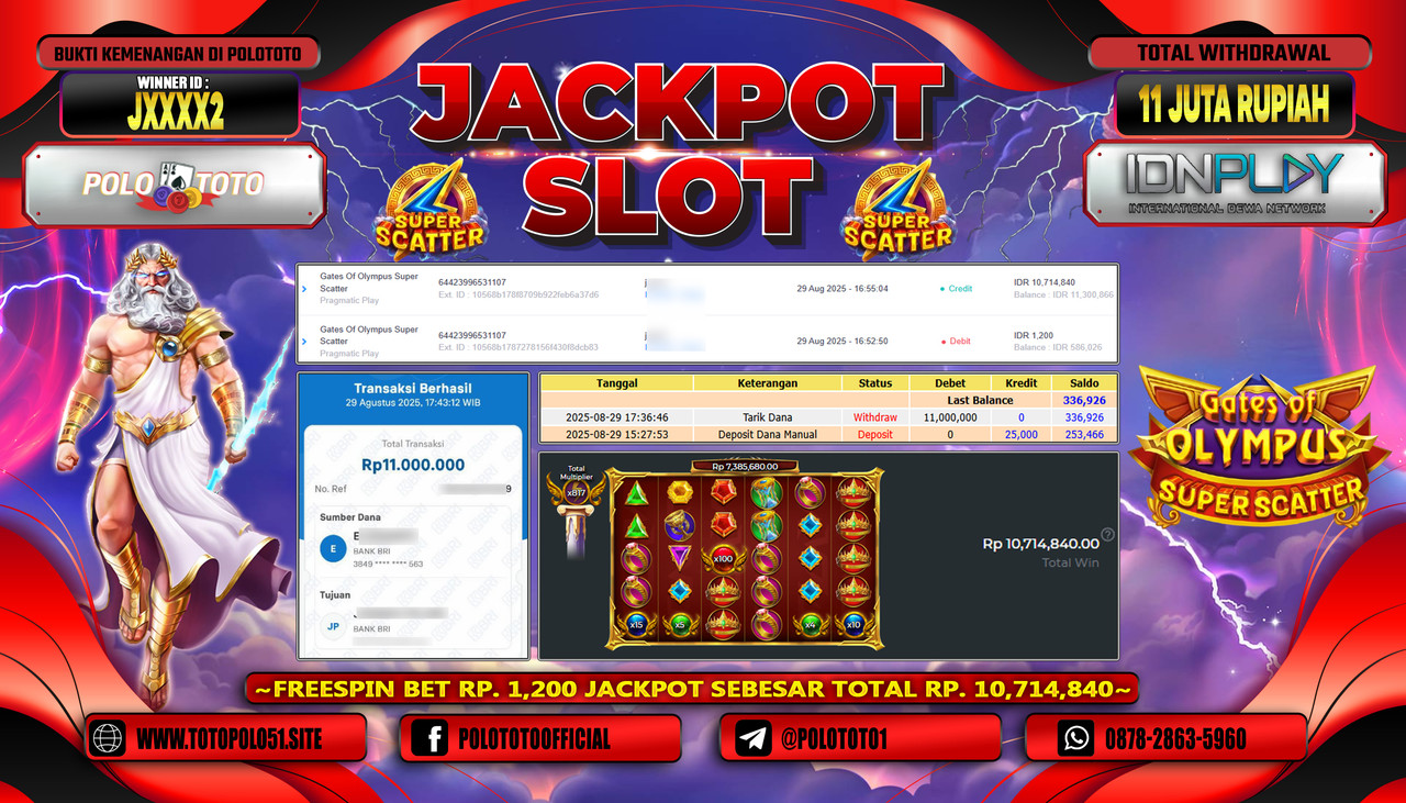POLOTOTO JACKPOT SLOT GATES OF OLYMPUS SUPER SCATTER Rp.11.000.000,-LUNAS