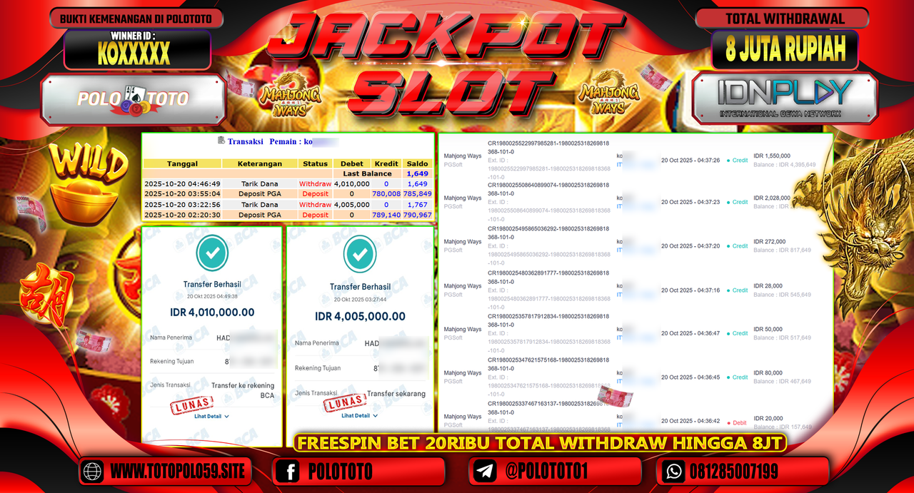 POLOTOTO JACKPOT SLOT MAHJONG WAYS Rp.8.000.000,- LUNAS