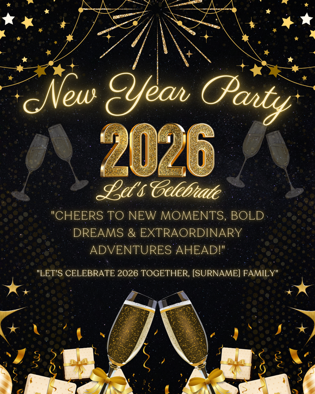 New Year Party 2026 Card (Editable in Canva)