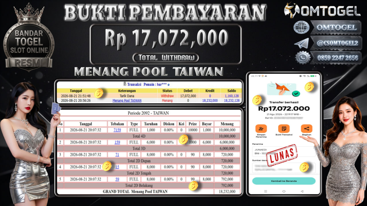 OMTOGEL JACKPOT MENANG POOL TAIWAN Rp,17,072,000,- DIBAYAR LUNAS