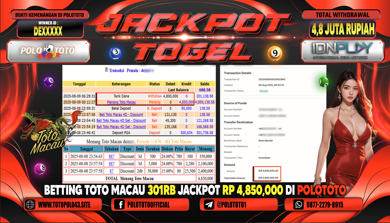 POLOTOTO JACKPOT TOGEL TOTO MACAU Rp.4.800.000,-LUNAS