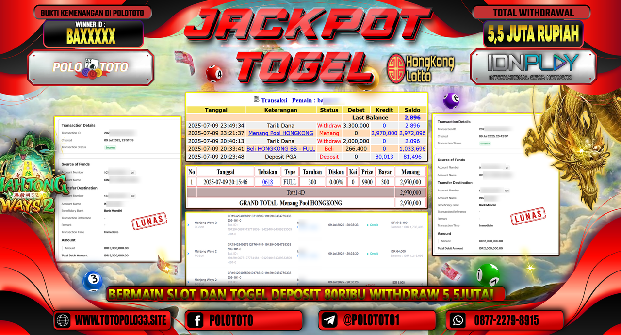 POLOTOTO JACKPOT TOGEL HONGKONG LOTTO & SLOT MAHJONG WAYS 2 Rp.5.500.000,-