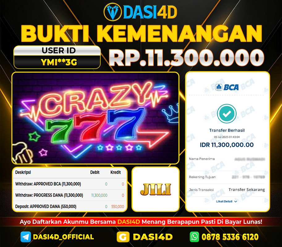 BUKTI KEMENANGAN 05 JULI 2025 DI CRAZY 777 RP 11.300.000 JUTA
