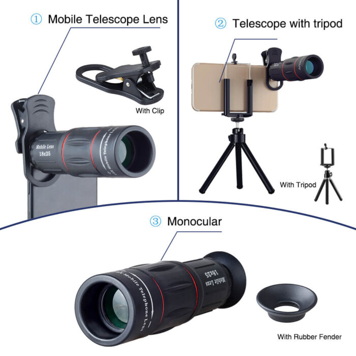 Lente de zoom 18X tipo telescopio para celular.