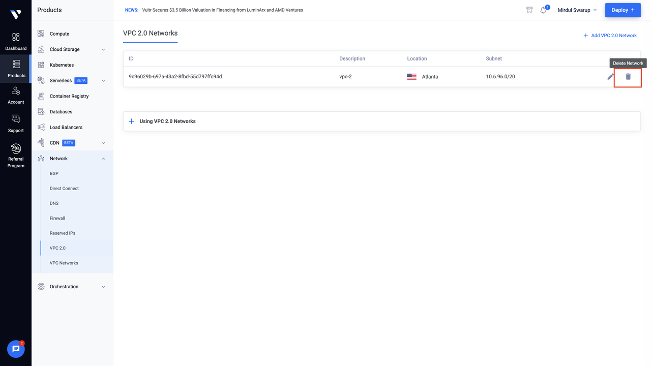 delete vpc network