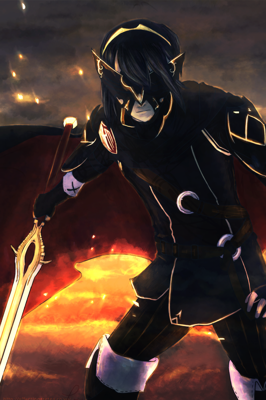art of Lucina dressed as Marth with her mask over a burning, fiery background.