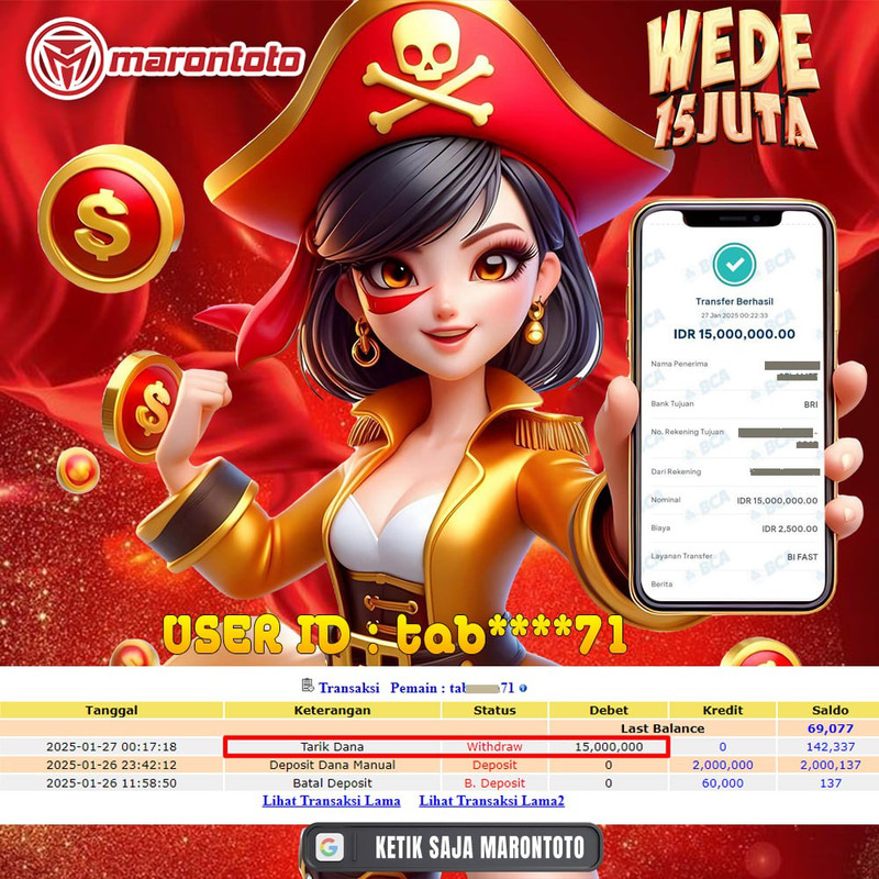 Bukti Kemenangan Member Marontoto Sebesar 15 JUTA