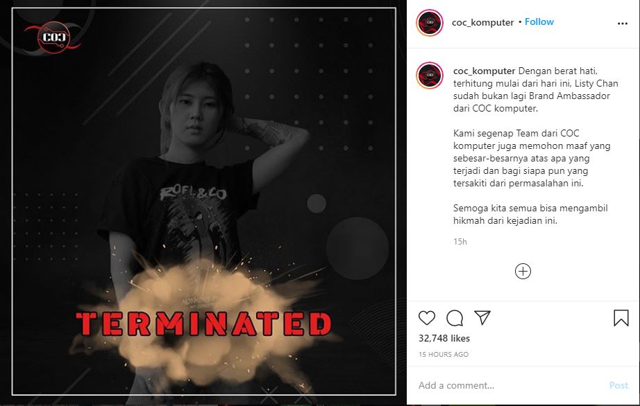 Listy Chan diputus kontrak oleh COC Komputer sebagai brand ambassadornya