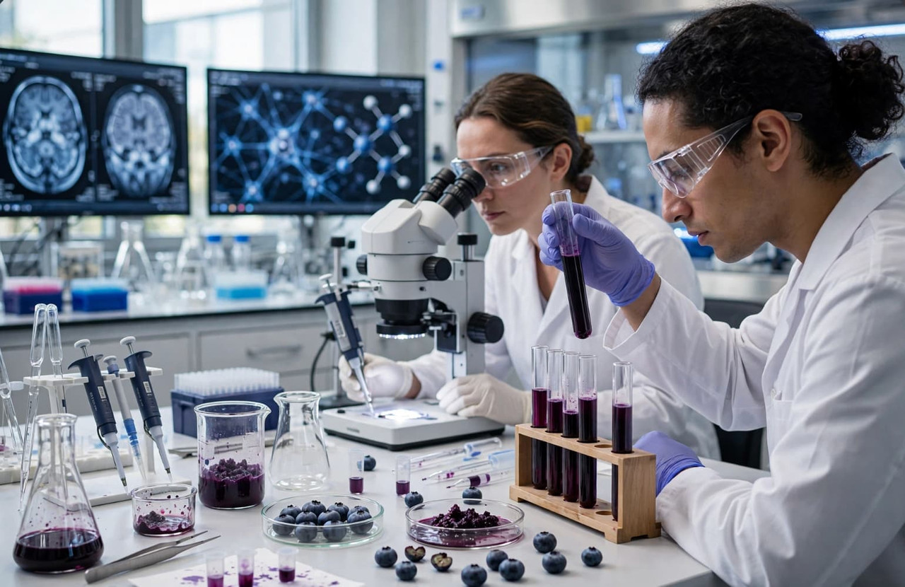 Two researchers discussing brain health results in a modern neuroscience laboratory
