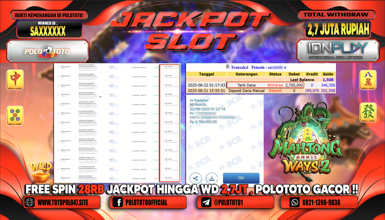 POLOTOTO JACKPOT SLOT MAHJONG WAYS 2 Rp.2.700.000,-