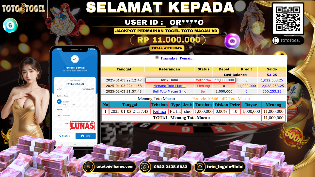 Bukti Pembayaran Jackpot  Permainan Togel Toto Macau 4D   : OR****O LUNAS