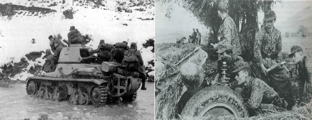 Material de la 7ª División SS de Montaña Prinz Eugen. Izquierda, dotación de artillería. Derecha, Soldados sobre un tanque francés de la división