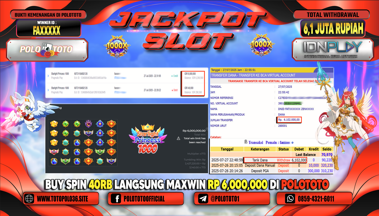 POLOTOTO JACKPOT SLOT STARLIGHT PRINCESS 1000 Rp.6.100.000,-LUNAS
