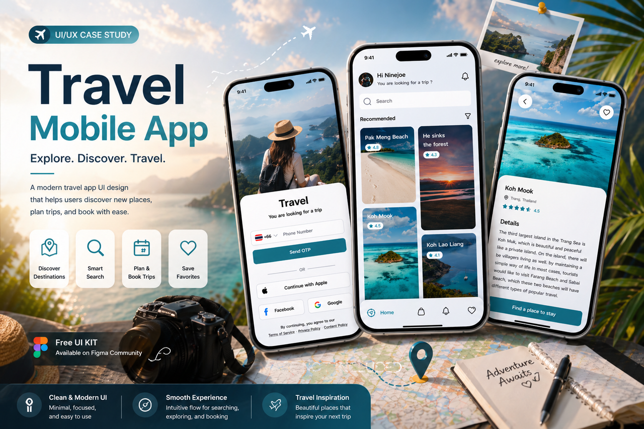 Travel Mobile App – UX/UI Design | Free UI Kit