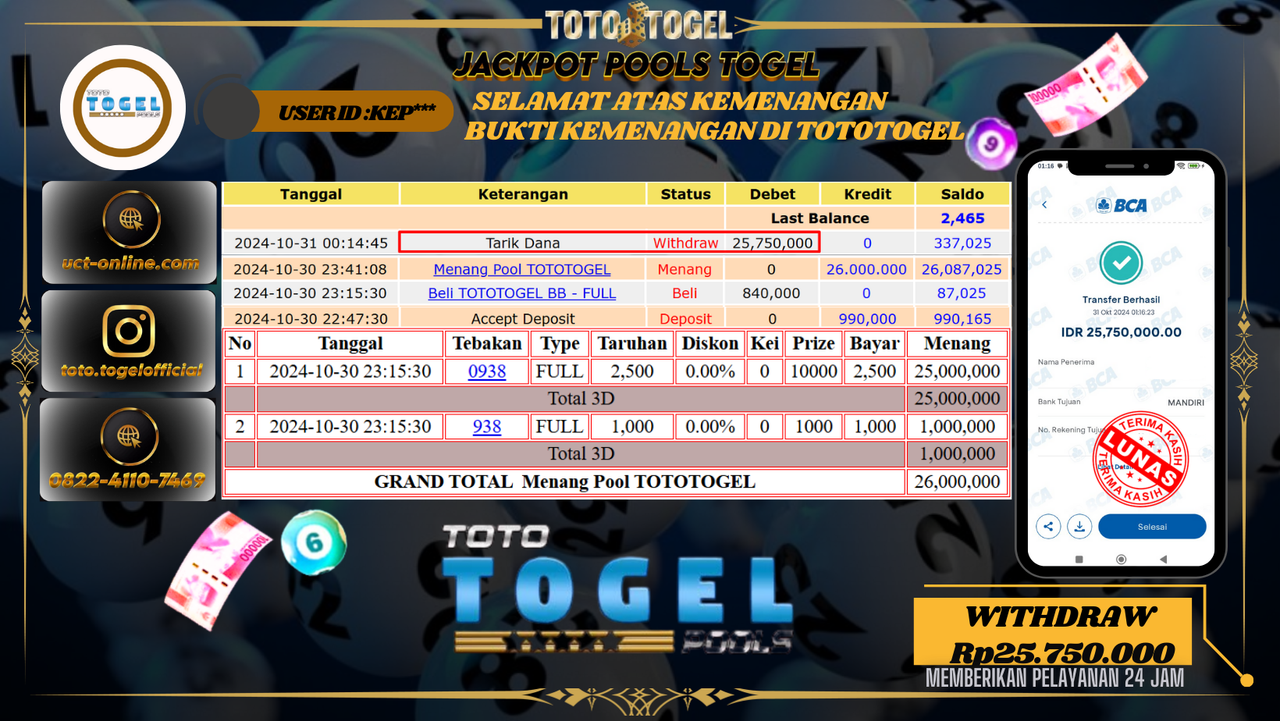 Bukti Pembayaran Permainan  Jackpot Togel Pools TotoTogel ID:KEP*** LUNAS 