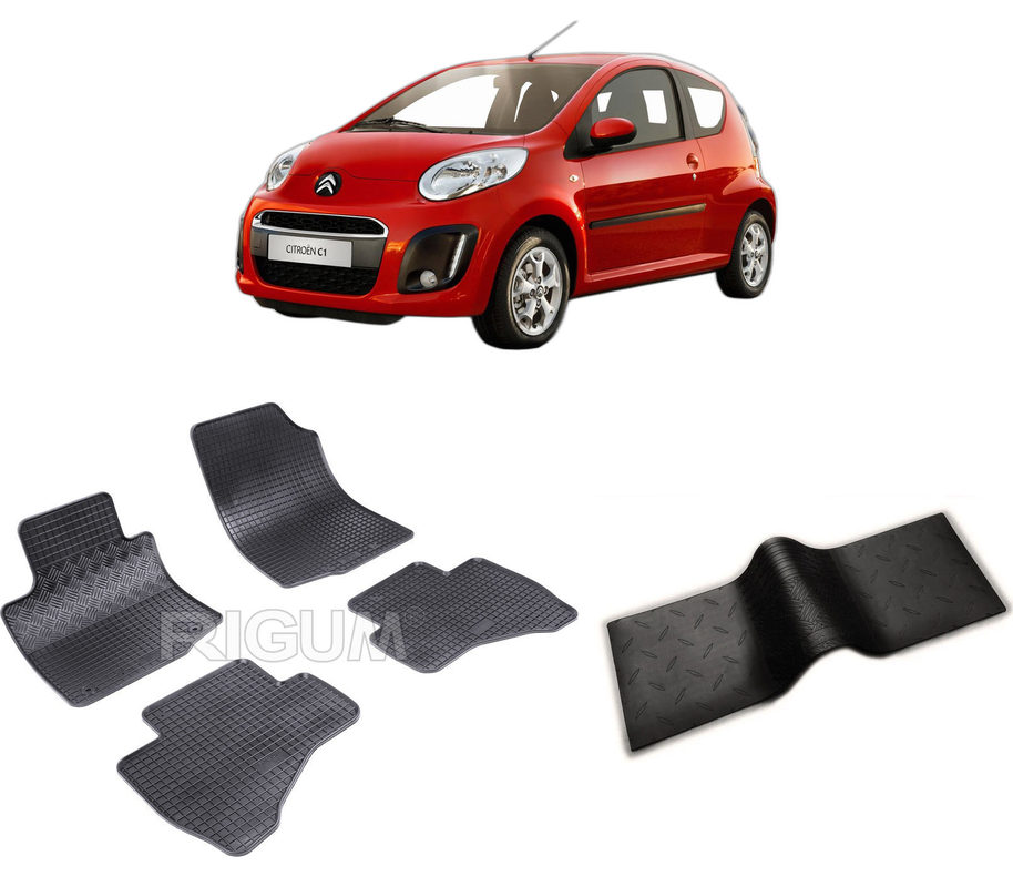 Set covorase auto CITROEN C1 I din 2005-06.2014, cu covoras tunel median, CAROSERIE HATCHBACK, Presuri cauciuc 100%, compatibil cu autoturismul CITROEN C1 I, Rigum