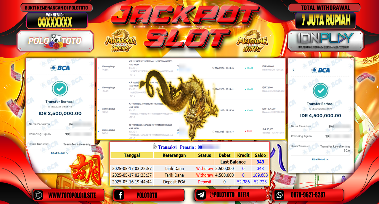 POLOTOTO JACKPOT SLOT MAHJONG WAYS Rp.7.000.000,-