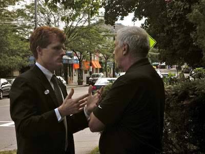 Joseph Kennedy III Democrat Candidate in Massachusetts chats with a Newton voter in Newton Highlands