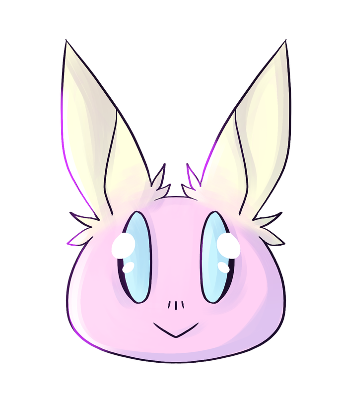 Light pink blobling with light blue eyes and light yellow ears facing forward