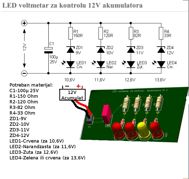 LED voltmetar za kontrolu 12V akumulatora