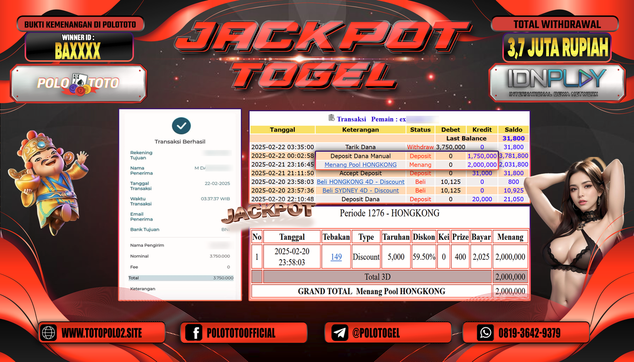 POLOTOTO JACKPOT TOGEL PASARAN HONGKONG Rp.3.750.000,-
