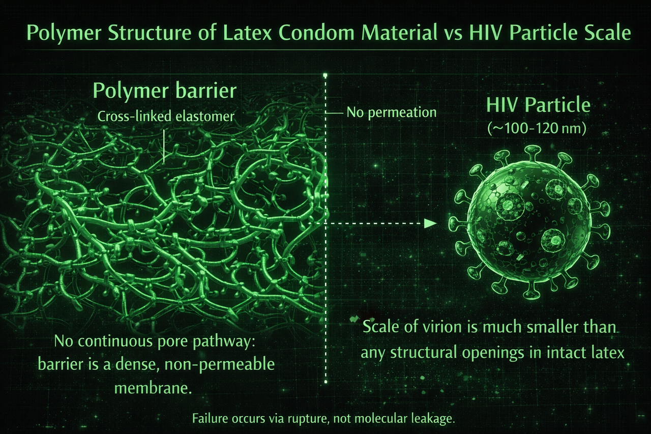 Scientific diagram showing the polymer structure of latex condom material compared with HIV particle scale