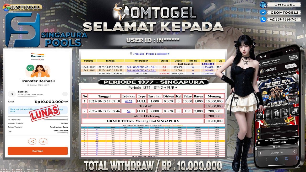 OMTOGEL JACKPOT SINGAPORE 4D 2D 10 JUTA DI BAYAR LUNAS ,-