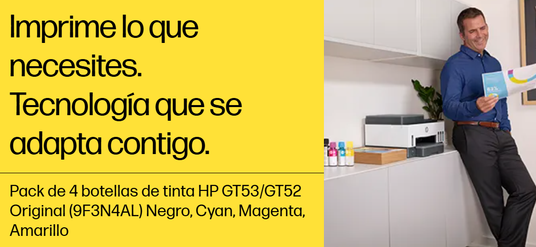 Botellas de tinta HP junto a una impresora HP Ink Tank, mostrando el sistema de recarga.