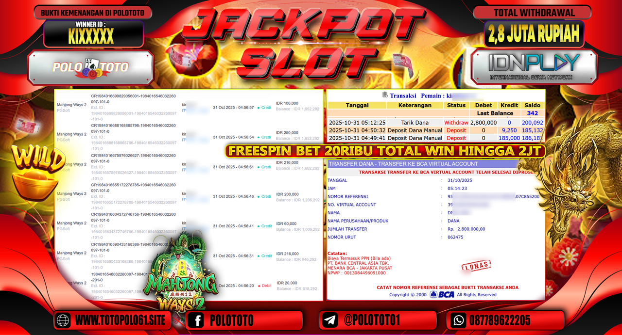 POLOTOTO JACKPOT SLOT MAHJONG WAYS 2 Rp.2.800.000,- LUNAS