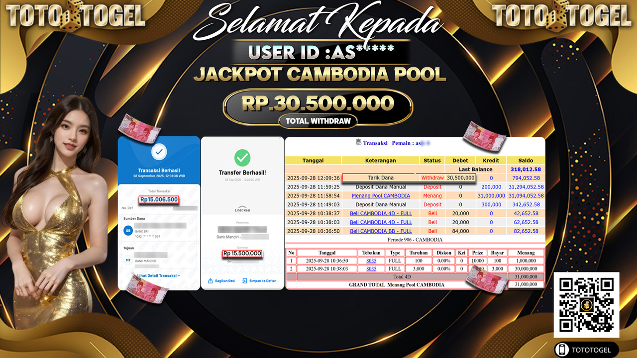 Bukti Pembayaran Jackpot Permainan Togel Pool Cambodia ID:AS*** LUNAS