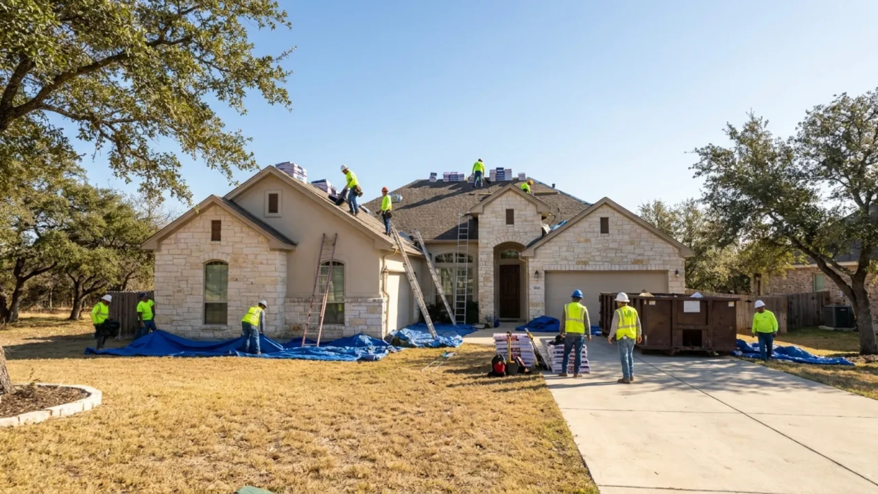 Roofing crew setting up for tear-off on San Antonio residential home
