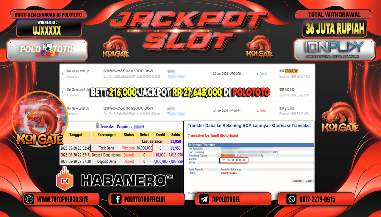 POLOTOTO JACKPOT SLOT KOI GATE LEVEL UP Rp.36.000.000,- LUNAS
