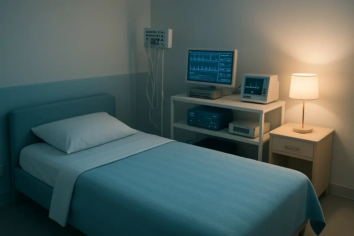 Comfortable sleep lab room with monitoring equipment