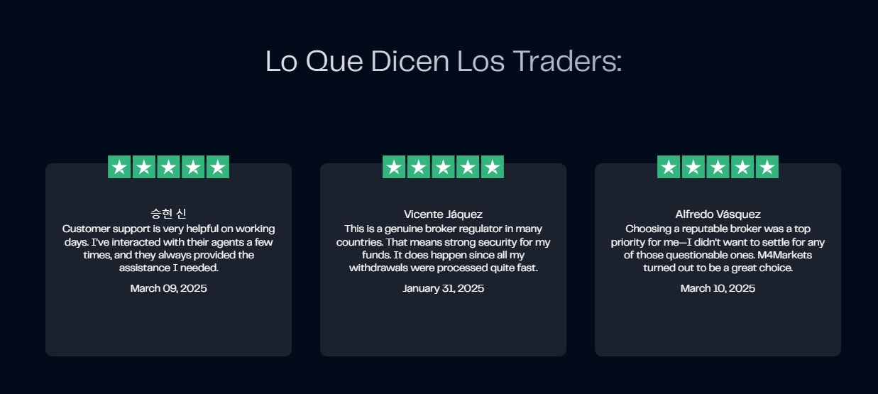 Reseñas de traders de M4Markets que muestran comentarios positivos de los clientes y calificaciones de cinco estrellas.