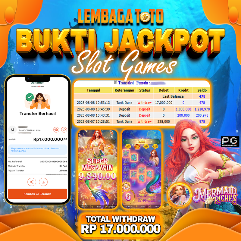 BUKTI JACKPOT 09 AGUSTUS LEMBAGATOTO MERMAID RICHES  Rp.17.000.000,- LUNAS