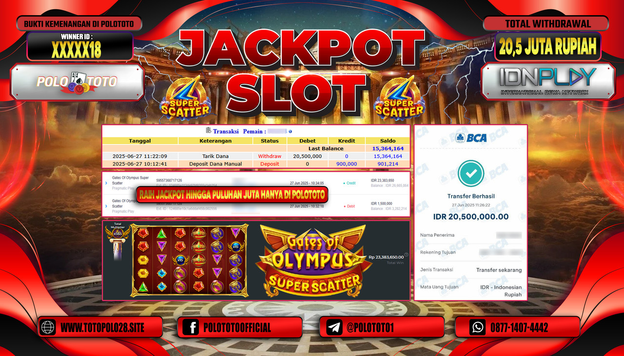 POLOTOTO JACKPOT SLOT GATES OF OLYMPUS SUPER SCATTER Rp.20.500.000,- LUNAS