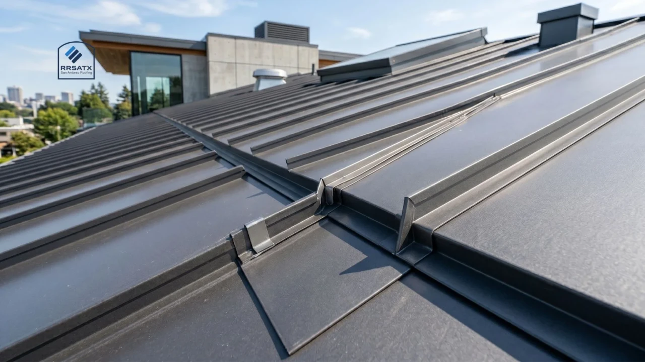 Standing seam metal roof panels interlocking to resist wind uplift