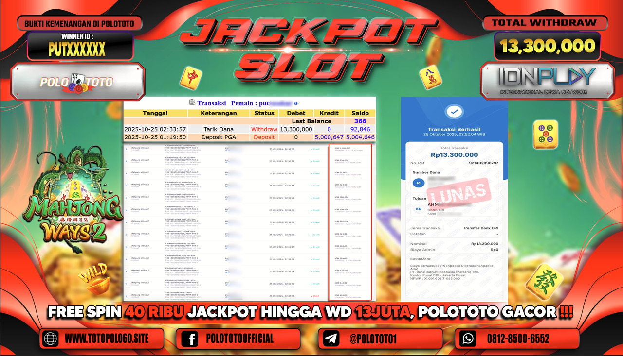 POLOTOTO JACKPOT SLOT MAHJONG WAYS 2 Rp.13.300.000,- LUNAS