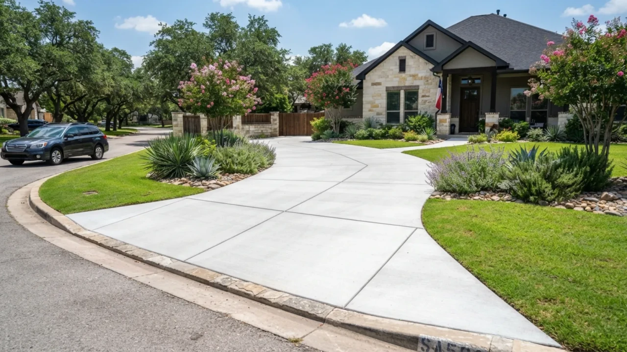 New concrete driveway with expansion joints in a San Antonio residential neighborhood