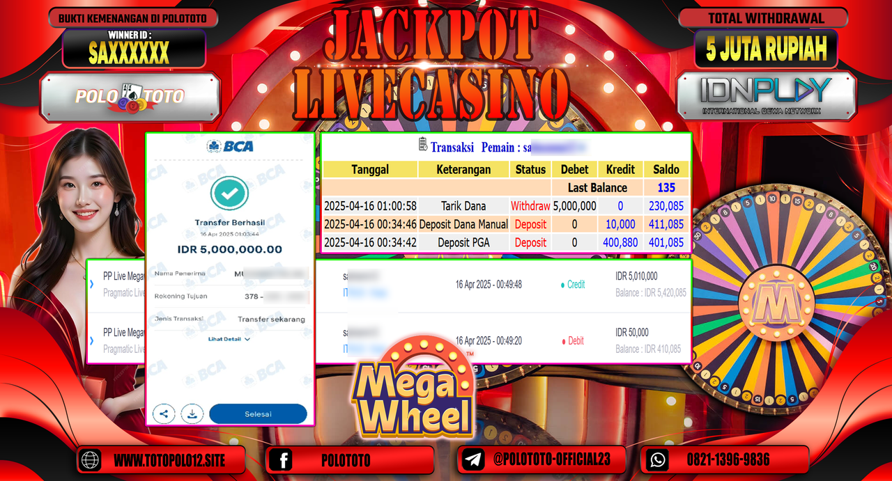 POLOTOTO JACKPOT LIVE CASINO MEGA WHEEL Rp.5.000.000,-