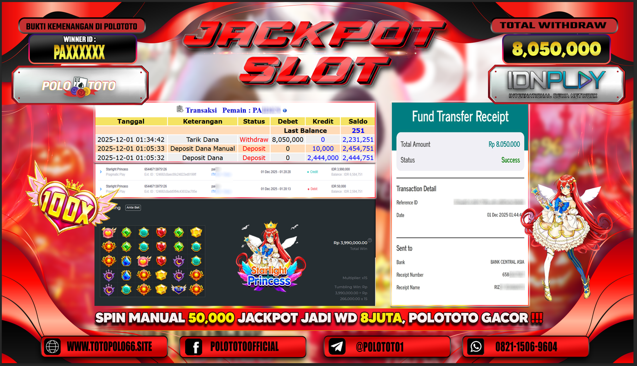 POLOTOTO JACKPOT SLOT STARLIGHT PRINCESS Rp.8.050.000,- LUNAS